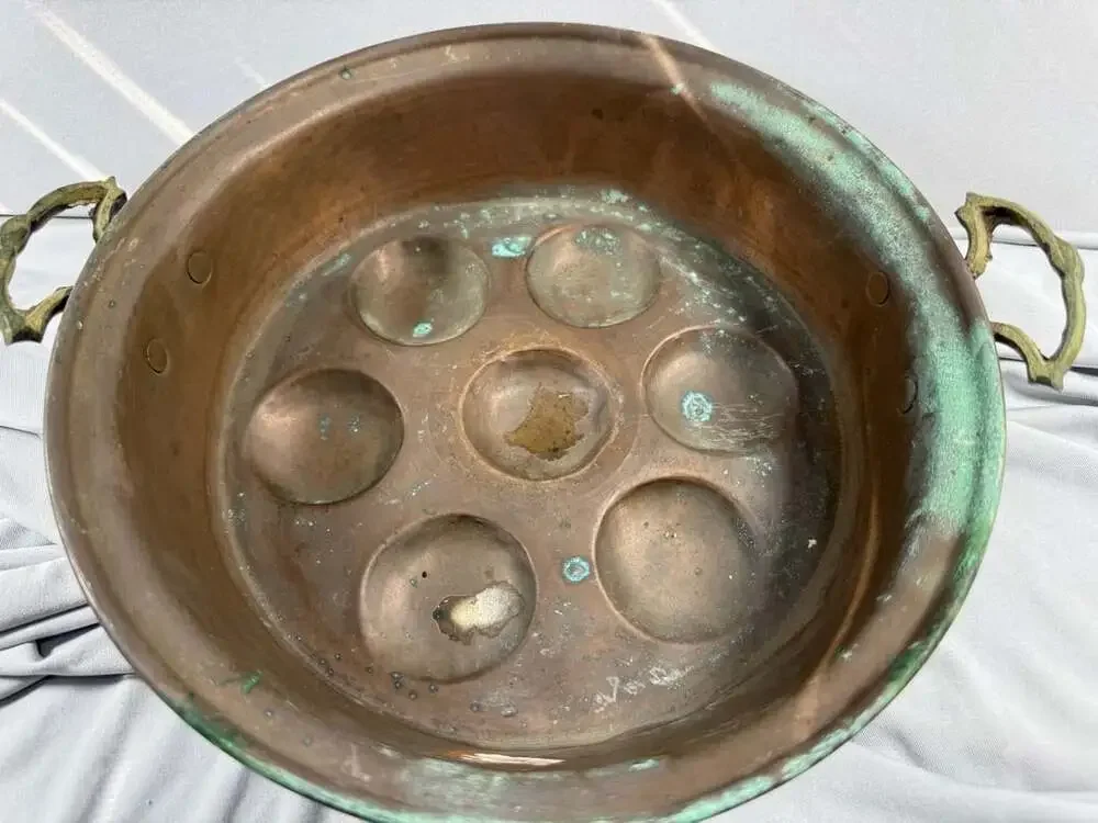 Vintage Turkish Copper 7-Well Egg Poacher Pan Ornate Brass Handles Patina